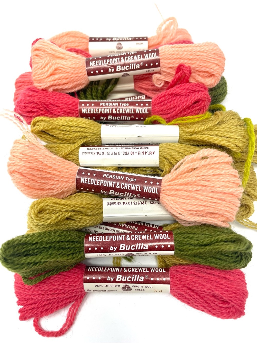 Vintage Bucilla Needlepoint Crewel Tapestry 100% Wool 70s Pinks Greens Lot of 18